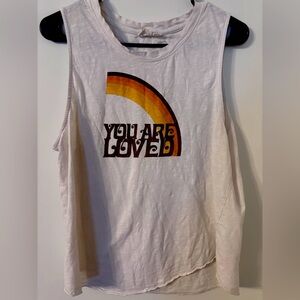 Sleeveless tank by Synergy Organic Clothing, size L. Says You Are Loved &rainbow